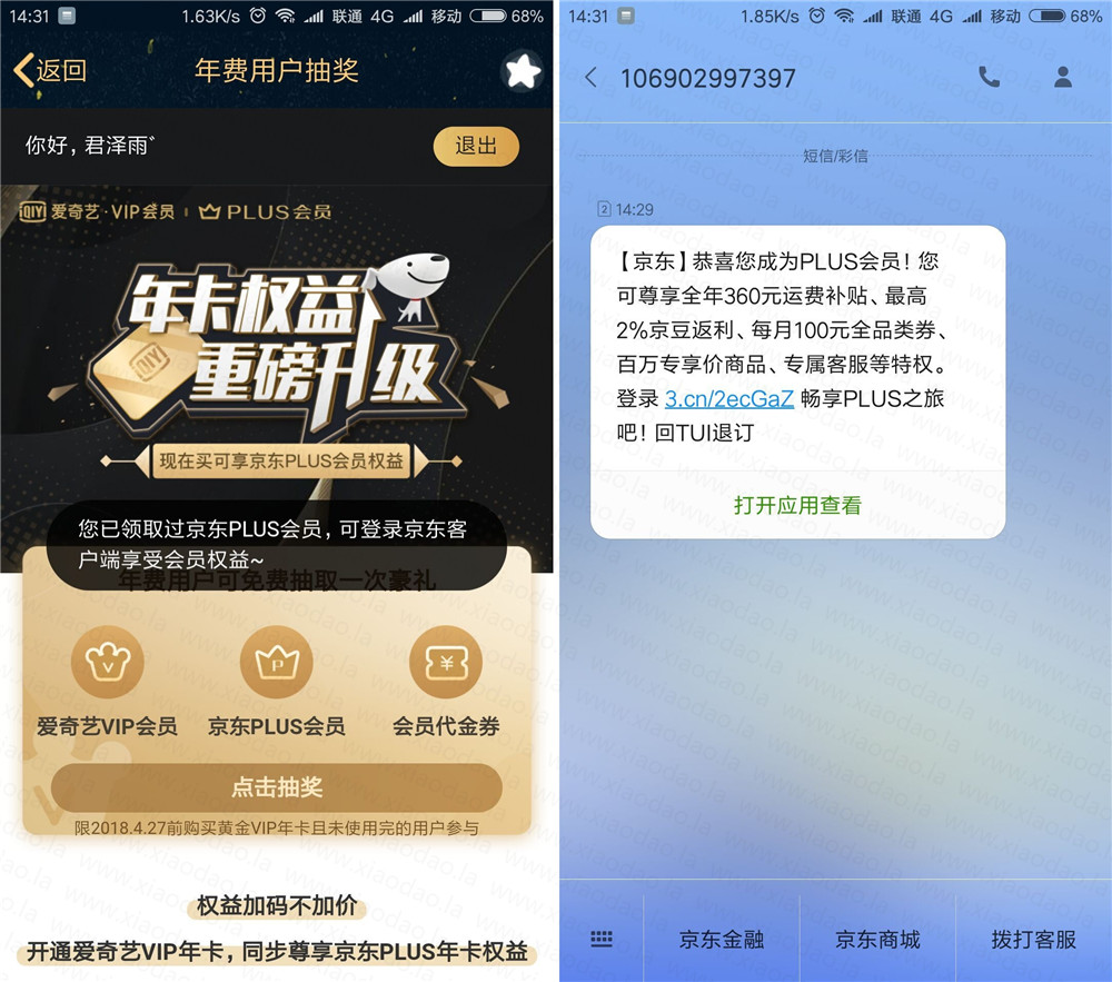 爱奇艺年费会员几率抽京东plus会员