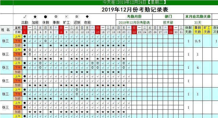 EXCEL办公考勤必备的模板